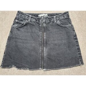 Topshop Moto Black Denim Mini Skirt with Front Zip Raw Hem Size 8
